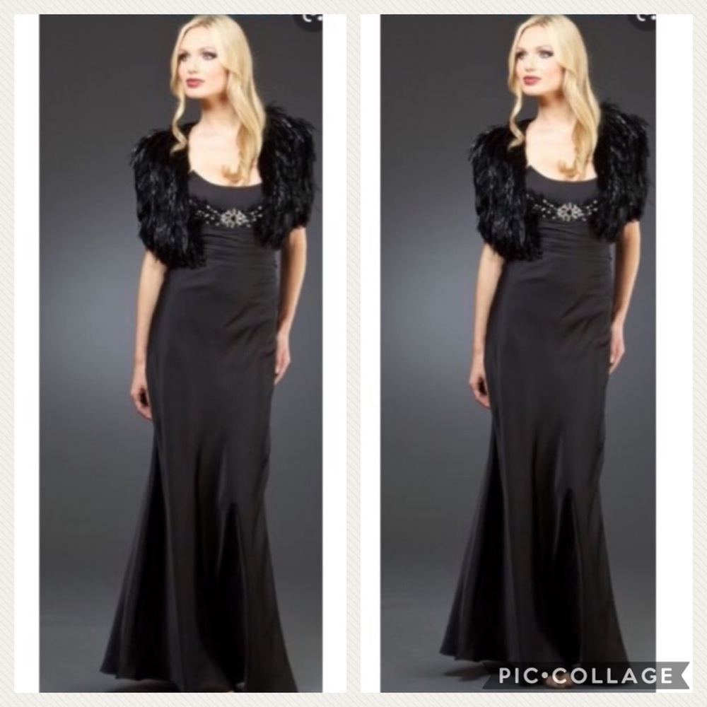 Mignon embellished rooster feather bolero gown